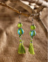 Blue Pottery 2 Beads Earrings With Tassels (Lime Green & Turq)